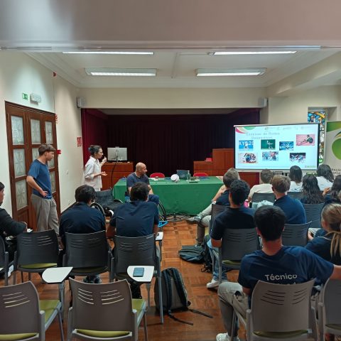 Sala de apresentação com várias pessoas sentadas a assistir à formação. À frente, uma mesa comprida coberta com toalha verde, com três pessoas à frente. À direita, um ecrã de projeção mostra um slide. O público está sentado, voltado para a frente;