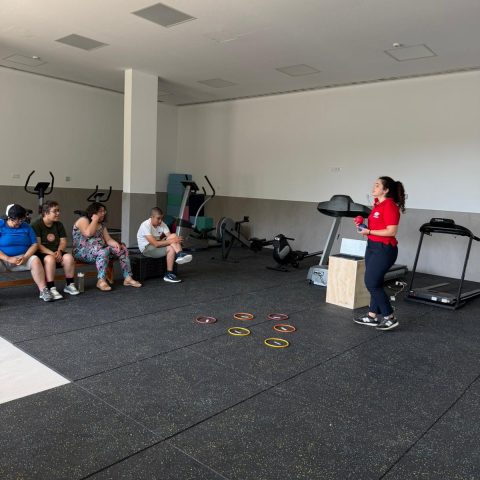 Sala de ginástica com um grupo de pessoas na Ação de Sensibilização. À esquerda, quatro pessoas, e à direita, uma formadora a usar polo vermelho a falar com o grupo.