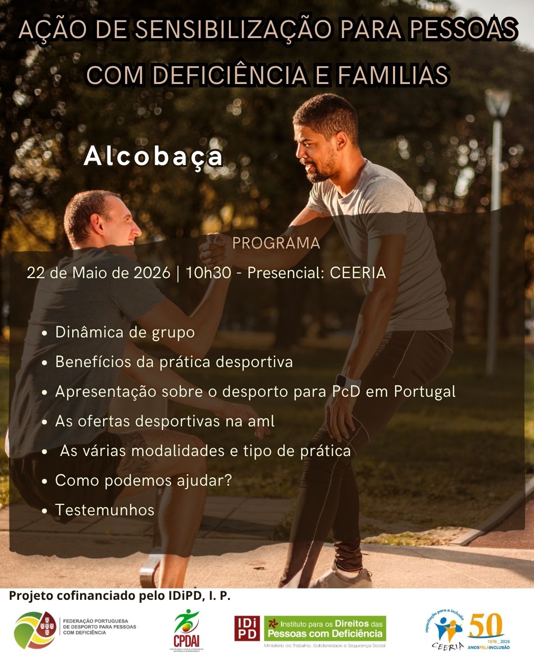Cartaz promocional da Ação de Sensibilização com duas pessoas a praticar exercício físico num espaço exterior, em ambiente de final de tarde.