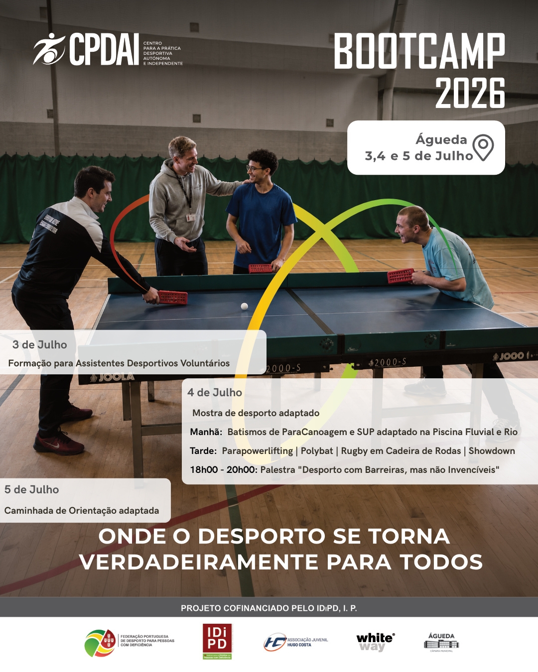 Cartaz promocional do “Bootcamp 2026” do CPDAI (Centro para a Prática Desportiva Autónoma e Independente), a decorrer em Águeda nos dias 3, 4 e 5 de julho. Ao centro da imagem, quatro pessoas participam numa atividade de polybat num pavilhão desportivo, interagindo de forma descontraída e sorridente. O cartaz apresenta o programa do evento: formação para assistentes desportivos voluntários (3 de julho), mostra de desporto adaptado com modalidades como paracanoagem, SUP adaptado, parapowerlifting, polybat, rugby em cadeira de rodas e showdown, além de uma palestra (4 de julho), e caminhada de orientação adaptada (5 de julho). Na parte inferior surge o lema: “Onde o desporto se torna verdadeiramente para todos”, acompanhado dos logótipos das entidades parceiras e financiadoras.