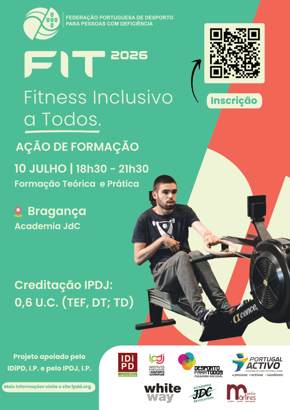 Cartaz promocional de Ação de Formação no âmbito do projeto FIT, em tons de verde e laranja com um homem de pele clara e barba curta a utilizar uma máquina de remo de ginásio. Ele está sentado, com calças de fato de treino cinzentas e uma t‑shirt escura, puxando o cabo do remo.